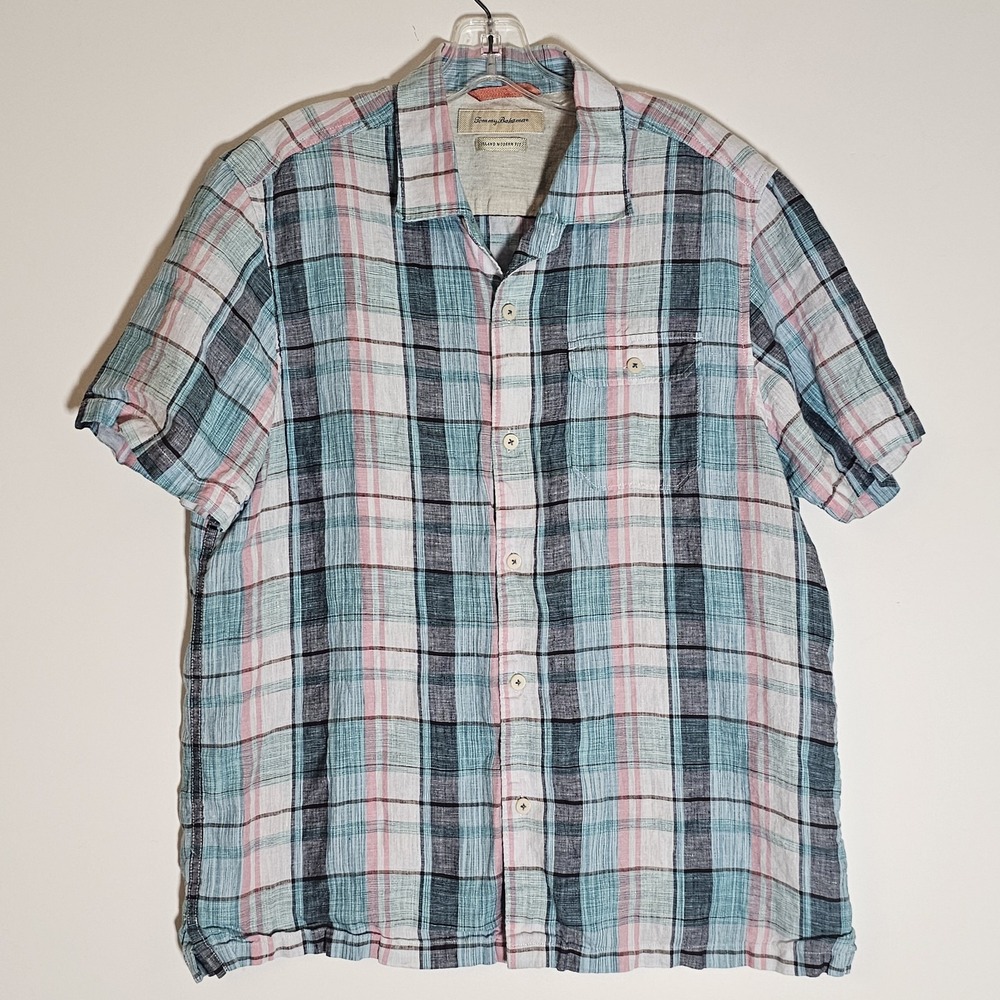 Tommy Bahama Shirt Womens Large Blue Plaid Linen Island Modern Fit Summer Light